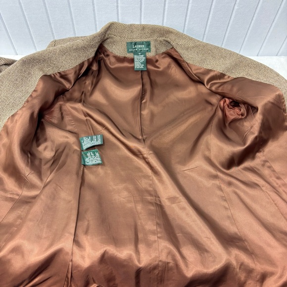 Lauren Ralph Lauren Brown Herringbone Wool Blazer Suede Elbow Patches Size 12 - Picture 13 of 15